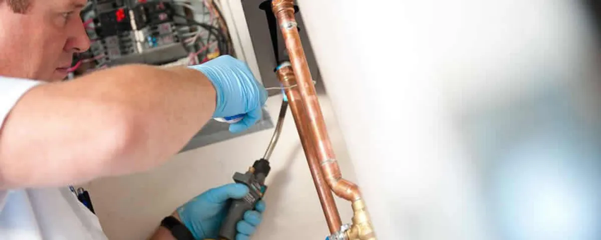 Water heater repair technician testing copper pipe connections and controls in Saint Louis, MO